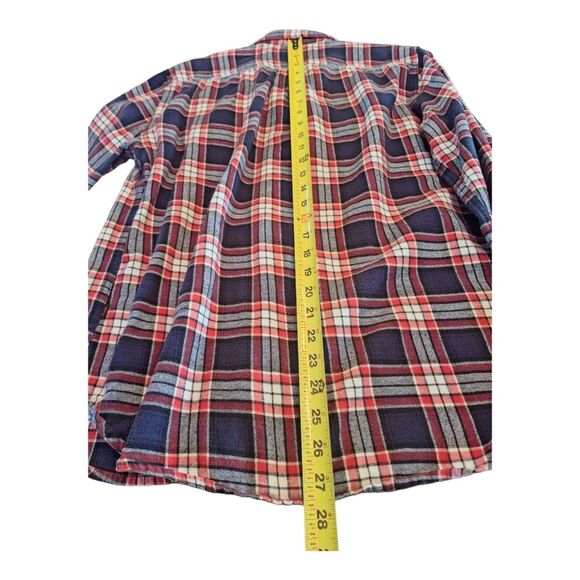 Denim & Flower Flannel Collection Button Up Pockets Red White Blue Plaid L Slim - Picture 12 of 12